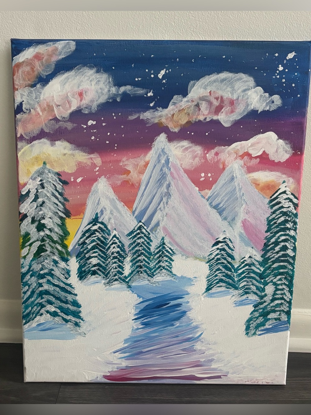 Starry Night Painting w/ Pine Trees & Mountains Purple Snow 16” x 20”